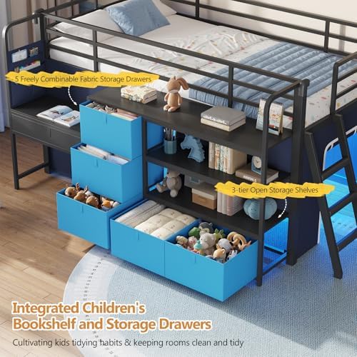 Low Twin Loft Bed with Desk,6 Storage Drawers,Led Lights & Kids Secret Base