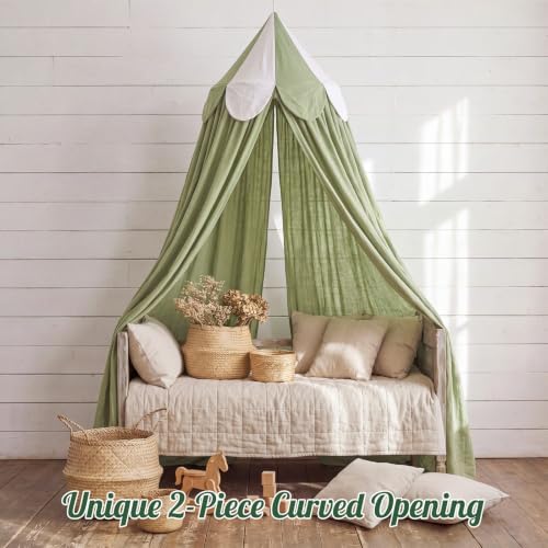 Bed Canopy with Scalloped Edge, 2 Panel Striped, Green