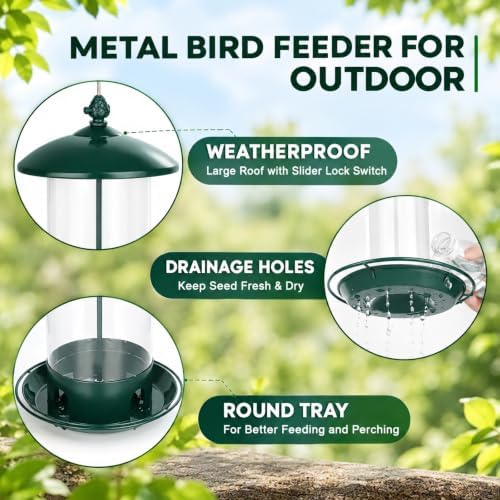 Gbekery Metal Bird Feeders for Outdoors Hanging, 360° Feeding Tray, Green