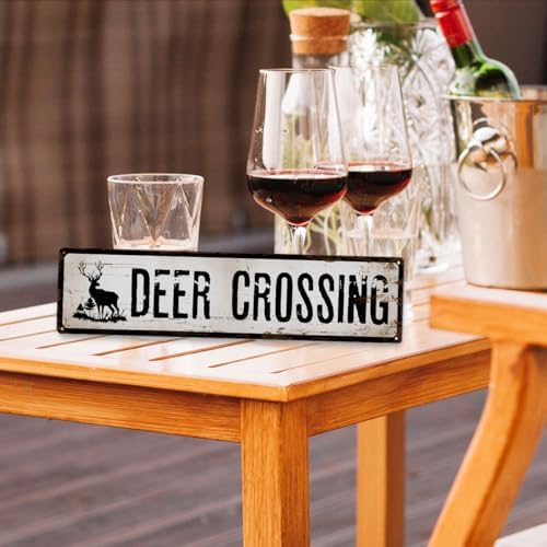 Rustic Farmhouse Metal Sign, “Deer Crossing” Vintage Tin Plaque for Cabin, Pond, Yard, or Garage, Outdoor & Indoor Country Wall Art, Easy to Hang, 15.8 x 4 Inch