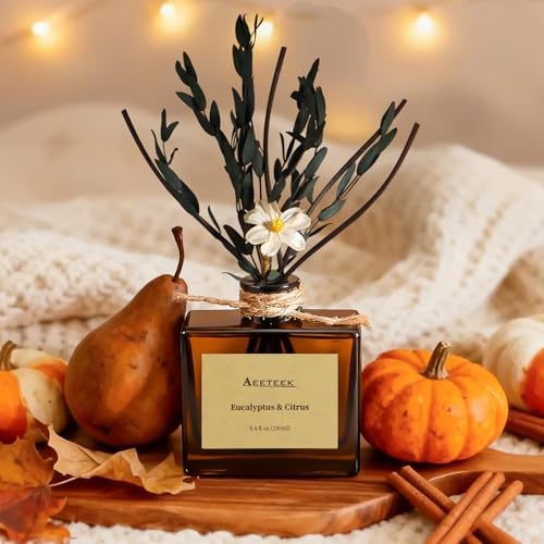 Reed Diffuser, Eucalyptus & Citrus Scented Oil Diffusers for Home with Dried Flowers, 3.4 Fl Oz Essential Oil Diffuser for Bathroom, Elegant Fragrance for Room Decor