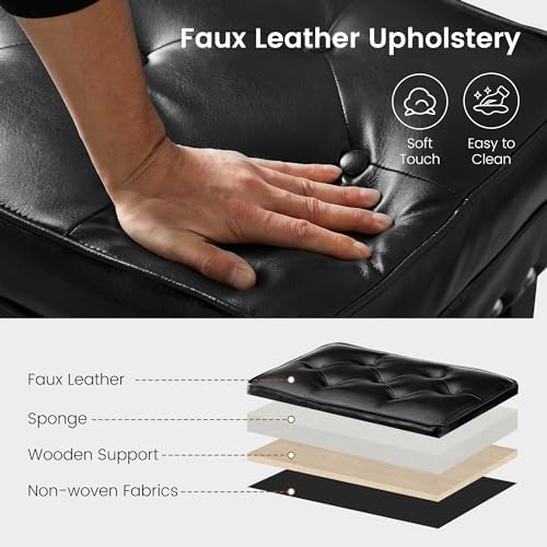 Glitzhome Faux Leather Foot Stool, Mid Century Modern Foot Stools Ottoman, Vintage Ottoman Tufted Square Vanity Seat, Black