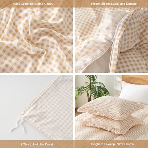 Gingham Duvet Cover, Queen Size, Beige, 3 Pieces