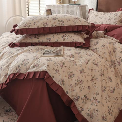 Girls Flower Duvet Cover Set 100% Cotton Queen(90"x90"),Ruffled Wine Red