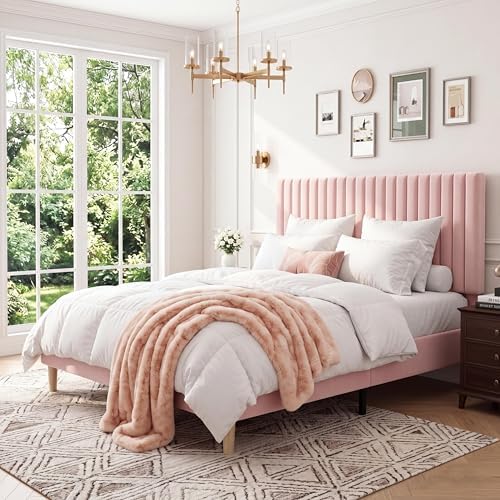 GAOMON Full Bed Frame with Adjustable Headboard, Velvet Upholstered Platform Full Size Bed Frame, Vertical Channel Tufted, Strong Wooden Slats, No Box Spring Needed, Easy Assembly, Pink