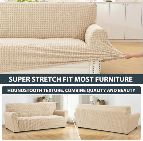 ZNSAYOTX 1 Piece Stretch X-Large Couch Cover (92"-112") New-Houndstooth Texture, Thick Sofa Covers for 3 Cushion Oversized Couch Universal Sofa Slip Cover with Elastic Bottom & Buckle, Khaki
