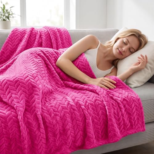 Exclusivo Mezcla Fleece Throw Blanket for Couch Sofa, 50”x70”, Hot Pink