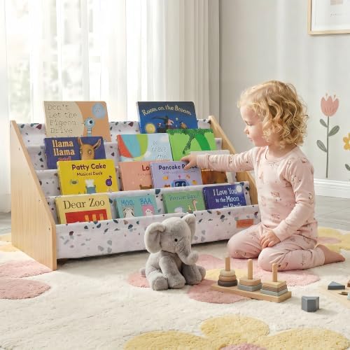 PERFNIQUE Montessori Kids Bookshelf, Wooden Front-Facing Baby Bookcase Organizer for Toddlers, 4-Tier Sling Decorative Book Rack with Deep Pockets for Kid Rooms, Nursery, Playroom & Reading Corner