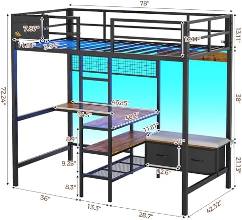 DICTAC Twin Loft Bed with L-Shaped Desk,Storage Shelves and Charging Station Metal Loft Bed Twin Size with LED Lights,Coat Rack with Drawers and Stair,Top Bunk with Safety Guardrail for Teen,Black