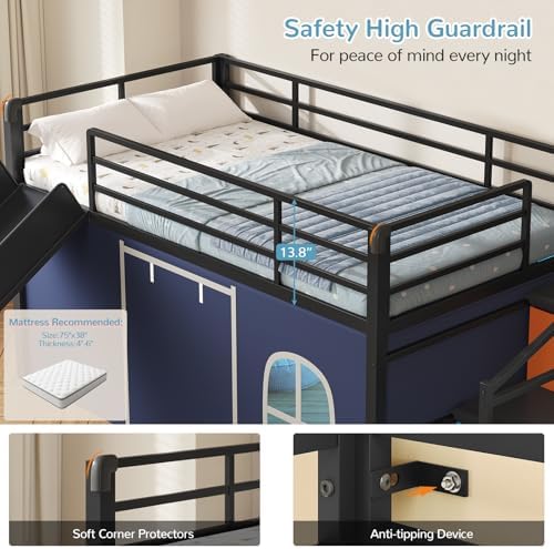 Twin Low Loft Bed with Slide and Safety Staircase, 2 Storage Drawers, Kids Twin Size Loft Bed with LED Lights, Under-Bed Play Tent, Built-in Desk, Metal Loft Bed with Safety Guardrail, Black and Blue