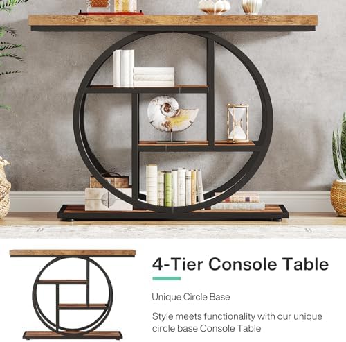 Tribesigns 41.3" Console Table, Industrial 4-Tier Sofa Table Entryway Table with Circle Base, Narrow Wood Accent Tables with Storage Shelves for Living Room, Hallway, Foyer, Rustic Brown