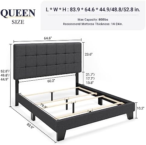 Allewie Queen Size Panel Bed Frame Box Spring Needed Dark Grey