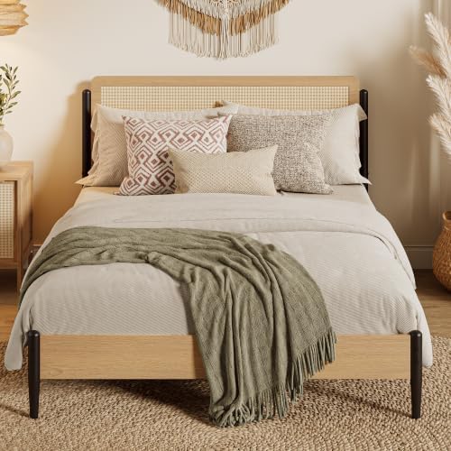 LIKIMIO Natural Rattan Full Size Bed Frame with Wooden Headboard