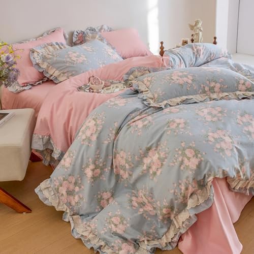 Pink Floral Queen Duvet Cover Blue 100% Cotton Queen Comforter Cover Lace Trim Ruffle Soft Chic Duvet Cover Set with Hidden Zipper Boho Girls Bedding Set French Country Duvet Protector