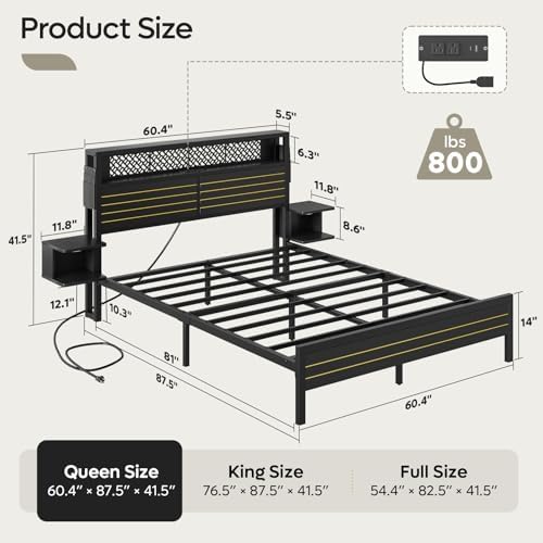 Bestier Queen Bed Frame with Horizontal Golden Stripe Storage Headboard&LED Nightstands, Metal Platform Bed with Charging Station, Heavy Duty Metal Slats, No Box Spring Needed, Noise Free(Matte Black)