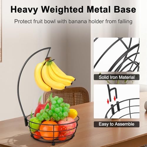 Livabber Countertop Fruit Basket Bowl with Banana Hanger, Modern Standing Fruit Vegetable Bowl Storage, with Banana Tree Holder for Kitchen Dinning Table (Round Metal, Black)