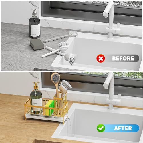 Cisily Sponge Holder for Kitchen Sink, Sink Caddy Organizer with High Brush Holder, Kitchen Countertop Organizers and Storage Essentials, Rustproof 304 Stainless Steel (Gold, 9.25″)