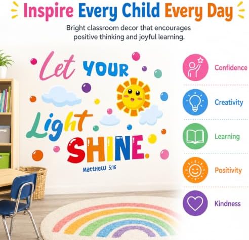 Cinrobiye Inspirational Quotes Wall Decals, Let Your Light Shine Classroom Wall Decor, Colorful Sun & Cloud Wall Stickers for Reading Corner, Playroom, Preschool, Daycare & Elementary Classroom