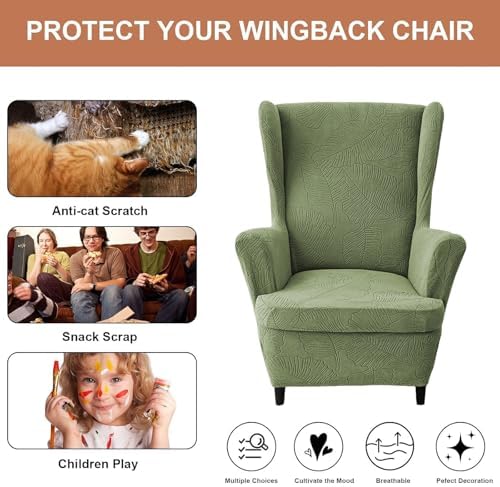 HAOYONG 2 Piece Wingback Chair Covers Stretch Wing Chair Slipcover Jacquard Wing Back Chair Covers with Arms Washable Spandex Fabric Armchair Cover Protection Furniture for Living Room and Bedroom