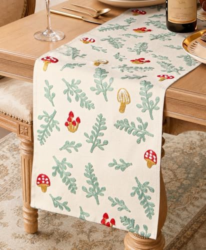 Miss Adola Embroidered Canvas Table Runner 13"x72", Cute Mushroom