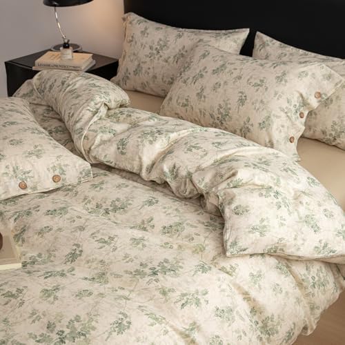 Beige Duvet Cover Set Queen,Linen Cotton,Green Vine Leaves