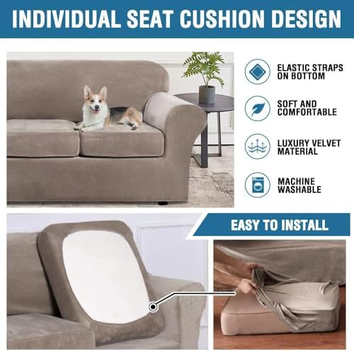 H.VERSAILTEX Rich Stretch 2 Piece Chair Cover Chair Slipcover Sofa Cover Furniture Protector Couch Soft with Elastic Bottom Chair Couch Cover with Arms Width Up to 49 Inch(Chair, Taupe)