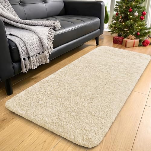 OLANLY 2x8 Machine Washable Runner Rugs for Hallway, Soft Fluffy Shaggy Bedside Rugs for Bedroom, Living Room, Indoor Floor Carpet for Kids Girls and Boys, Nursery Rooms, Home Decor Aesthetic, Cream