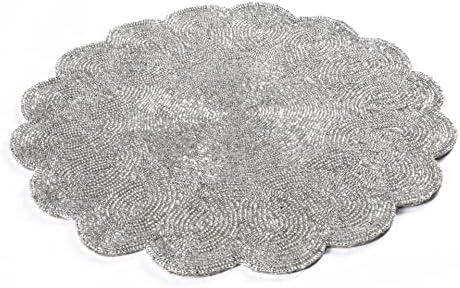 Lightnpro Handmade Beaded Placemats Set of 2 – 13 Inch Round Silver Scalloped Charger Mats | Handcrafted Artisan Table Accessories, Elegant Decorative Dining Table Décor for Weddings & Holidays