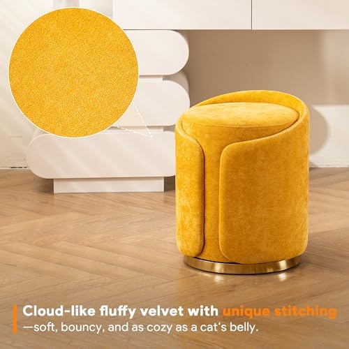 Swivel Vanity Stool with Gold Base Comfy Vanity Chair Modern Round Stool for Makeup Vanity Ottoman Foot Rest for Bedroom livingroom (Yellow)