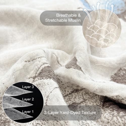 Simple&Opulence Cotton Muslin Blanket King Size 104"x90", Reversible Yarn-Dyed Vintage Blue Floral Jacquard, 3-Layer Gauze with Tassels, Soft Lightweight Breathable All-Season Bedspread for Bed Couch