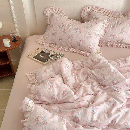 BuLuTu French Garden Pink Floral Duvet Cover Set King Size, Princess Style Lace Ruffled Bedding Set - 1 Comforter Cover King with 2 Pillow Cases, 100% Muslin Cotton Bedding, Soft Breathable