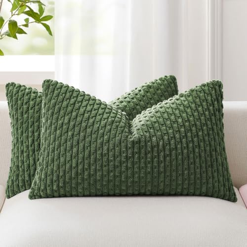 Kevin Textile Soft Corduroy 12"x20" Lumbar Pillow Covers 2 Pack, Moss Green