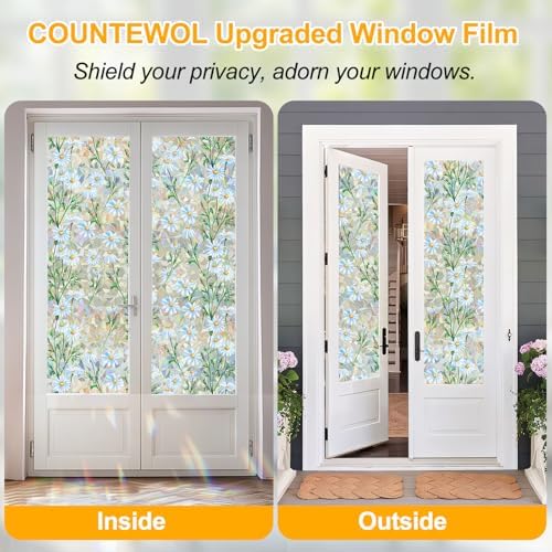 Countewol Privacy Window Films Stain Glass Cling No Glue Anti-UV Window Sticker for Bathroom Bedroom Living Room(Daisy Rainbow 78.7" L*35.4" W)