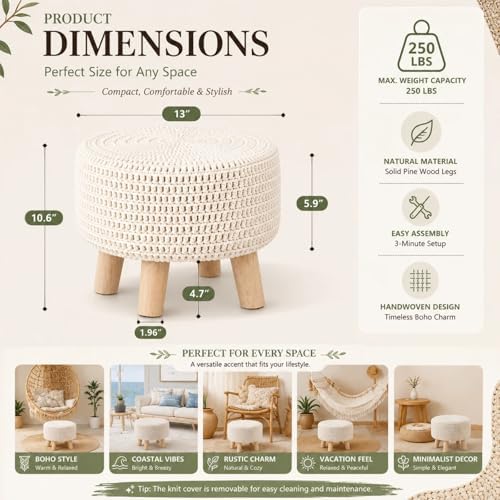 13" Round Handmade Cotton Knitted Boho Small Ottoman with Non-Skid Wood Leg