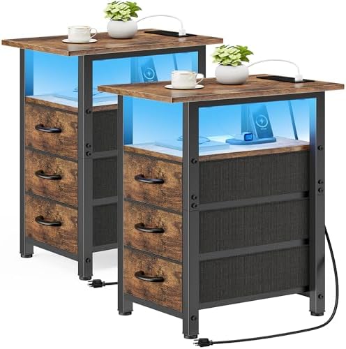 Vagusicc Set of 2 Nightstand with Charging Station and LED Lights, Narrow End Table, LED Nightstand with 3 Fabric Drawers for Bedroom, Narrow Side Table, Slim Sofa Side Table for Small Spaces, Brown