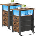 Vagusicc Set of 2 Nightstand with Charging Station and LED Lights, Narrow End Table, LED Nightstand with 3 Fabric Drawers for Bedroom, Narrow Side Table, Slim Sofa Side Table for Small Spaces, Brown