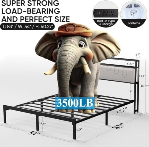 J.Fkne Full Bed Frames with Charging Station and LED Lights, Full Size Platform Bed with Metal Slats, Upholstered Headboard with 2-Tier Storage Shelves, No Box Spring Needed, Easy Assembly, Black
