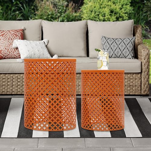 Metal Frame Accent Table,Cylindrical Outdoor Side Table,Decorative Garden Stool,Set of 2 Nesting Side Table,Modern Decorative Garden Stool for Patio Balconies Cafes Parks (2, Orange)