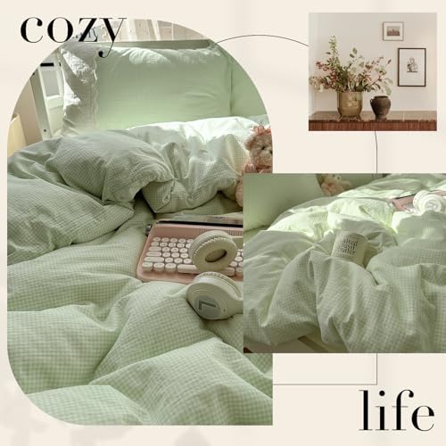 Lace Duvet Cover Set Queen(90"x90"),Green Gingham