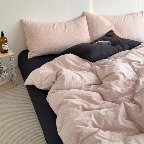 Vintage Pink Striped Full Duvet Cover 3Pcs Cottagecore Textured Bedding Set