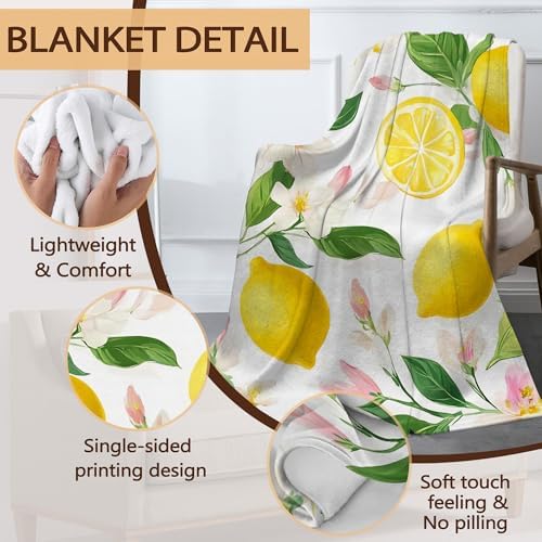 Lemon Fruit Fall Throw Blanket,White Flowers Cozy Plush Fluffy Blanket for Living Room Decor,Lightweight Fleece Throws for Couch,Bed,Traveling,Naps,Reading,40 X 50 Inch