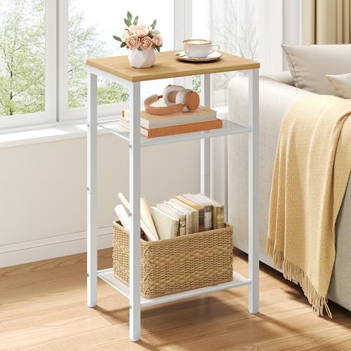 Hoctieon 3 Tier End Table, Telephone Table, Narrow Side Table with Storage, Nightstand for Small Spaces, Metal Frame, for Living Room, Bedroom, Sofa Couch, Hall, Easy Assembly, White and Yellow Oak