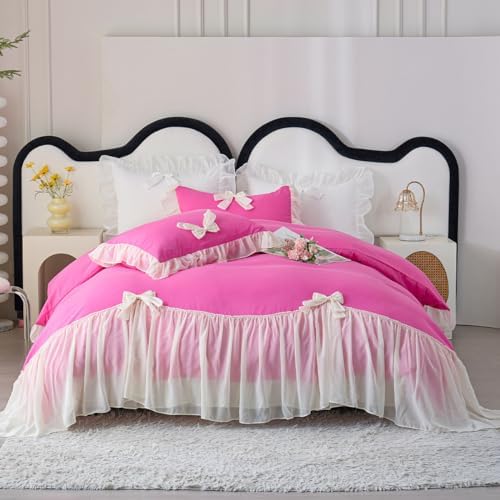 IHOUSTRIY Duvet Cover Full Size, Ruffle Beddding Set with Bowtie, 3 Pieces Comforter Cover Set with Zipper Closure, Girl Princess Bedding with Pillowcase - Pink, Full
