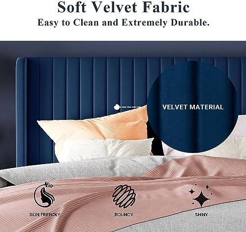 Allewie Queen Size Velvet Bed Frame/Vertical Channel Tufted Wingback Headboard/Upholstered Platform Bed/Strong Wooden Slats/No Box Spring Needed/Easy Assembly/Dark Blue