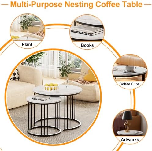 Garden 4 you Coffee Table Faux Marble Nesting Table for Small Place 2 Sets Modern Furniture Living Room Sets End Side Table Night Stand for Bed Room Dining Room (Black & White)