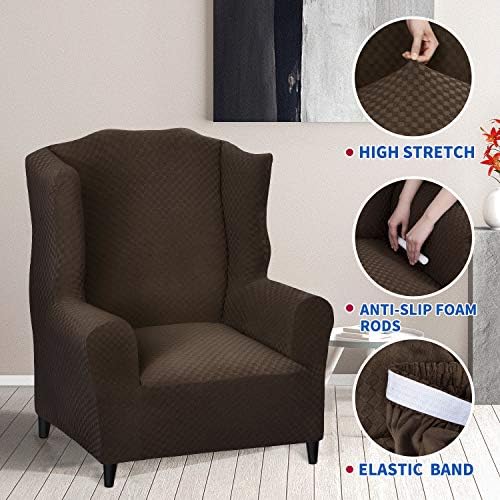 MAXIJIN Wingback Chair Covers 1-Piece Stretch Wing Chair Covers Soft Thick Wingback Armchair Slipcover Non-Slip High Back Chair Furniture Protector Washable (Wing Chair, Dark Coffee)