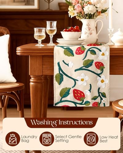 Canvas Embroidered Narrow 13"x 72" Table Runner, Pink Strawberry