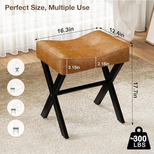 Memobarco 18-Inch Leather Vanity Stool Chair, Brown Saddle Vanity Stool
