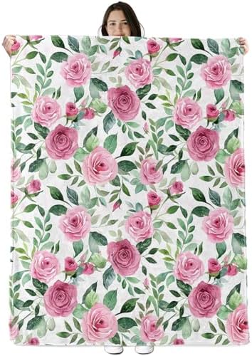 Pink Rose Blanket Gifts for Boys Girls Kids, Watercolor Flower Roses Warm Soft Flannel Throw Blankets for Travel, Sofa, Room, Bedroom Birthday Christmas Spring Decor, 60x80 in