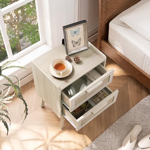 Lerliuo Rattan Night Stand for Bedroom, 2 Drawers